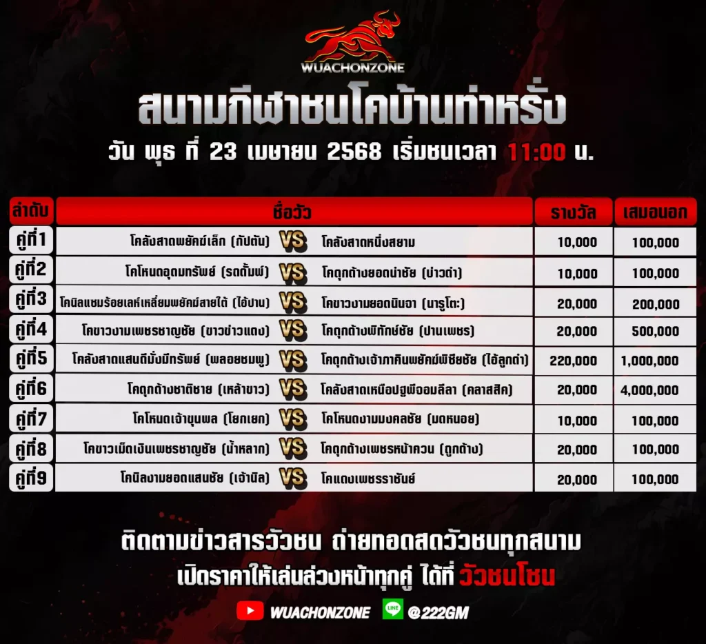 โปรแกรมวัวชน วันที่ 23 เมษายน 2568