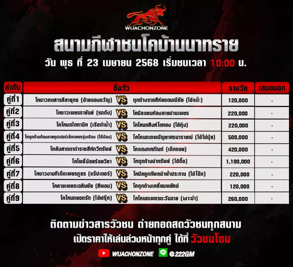 โปรแกรมวัวชน วันที่ 23 เมษายน 2568
